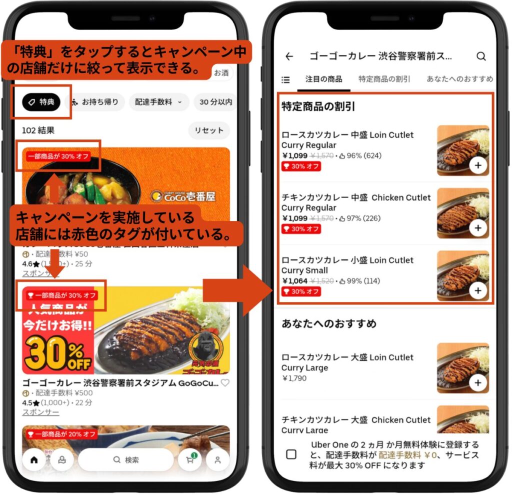 Uber Eats(ウーバーイーツ)アプリ上でキャンペーン実施店舗に表示される赤色のタグと、店舗ページ内の対象メニュー30%OFF表示のスクリーンショット。