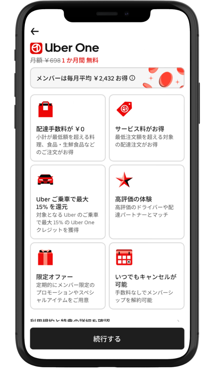Uber Eats(ウーバーイーツ)アプリのUber One(ウーバーワン)登録画面。月額698円・1か月無料と、配達手数料0円などの特典が並ぶスクリーンショット