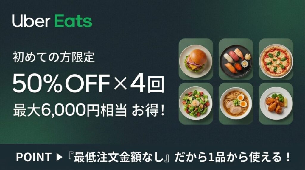 Uber Eats(ウーバーイーツ)50%オフ（最大1,500円）×4回分の合計最大6,000円割引のクーポン。
