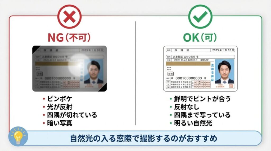 Uber Eats(ウーバーイーツ)登録時の書類撮影のOK例とNG例の比較。