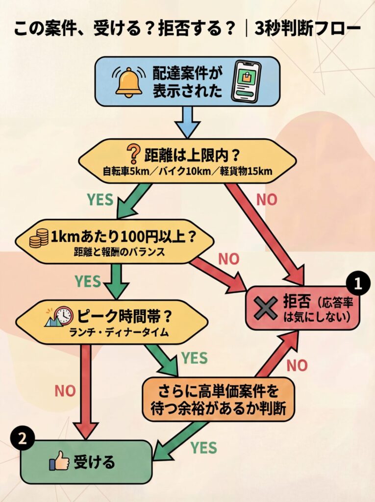 Uber Eats（ウーバーイーツ）配達員の案件受諾判断フローチャート。距離・単価・時間帯の3つの基準で受ける／拒否するを判定する流れ図。