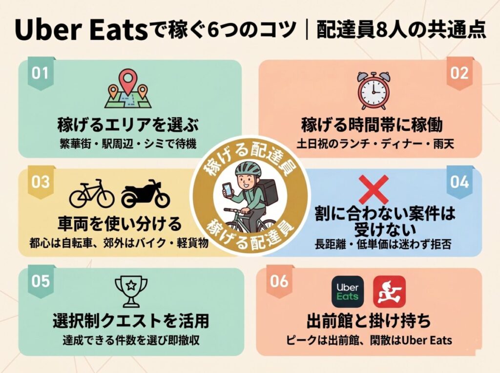 Uber Eats（ウーバーイーツ）で稼げる配達員6つのコツまとめ図解。エリア・時間帯・車両・受諾判断・クエスト・掛け持ちの6要素を一覧で解説。