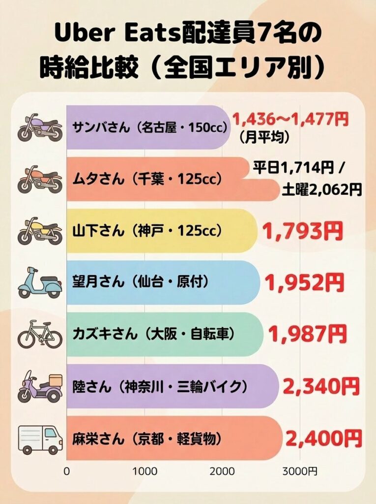 Uber Eats（ウーバーイーツ）配達員7名の時給比較グラフ（全国エリア別・1,436円〜2,400円）
