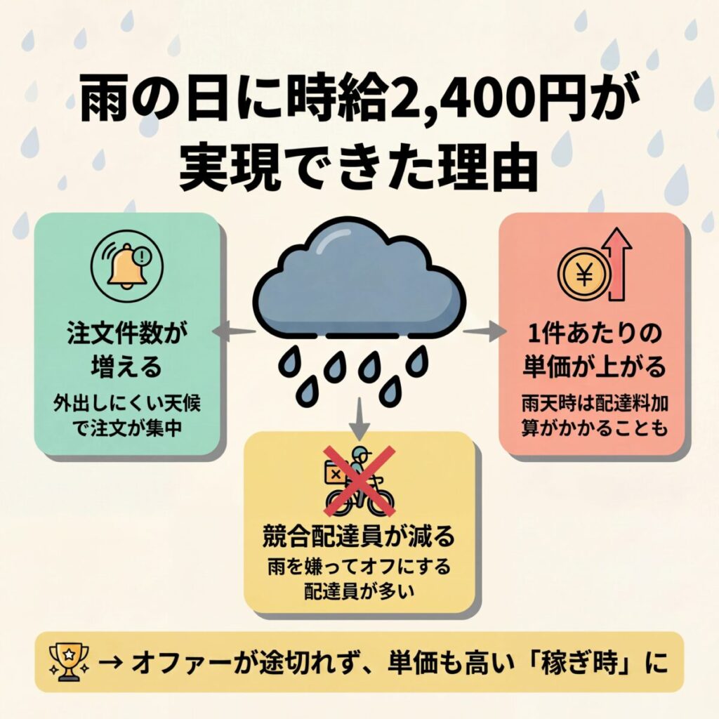 雨の日にUber Eats（ウーバーイーツ）配達員の時給が上がる3つの理由（注文増・単価上昇・競合減）。