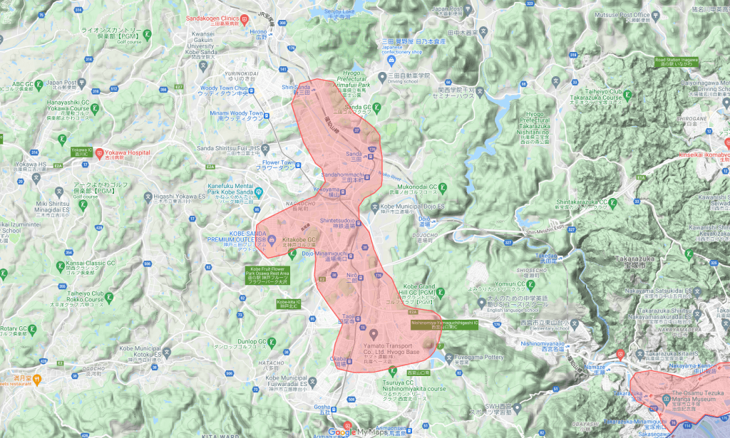 神戸市北区道場町・三田市付近のUber Eats（ウーバーイーツ）エリア