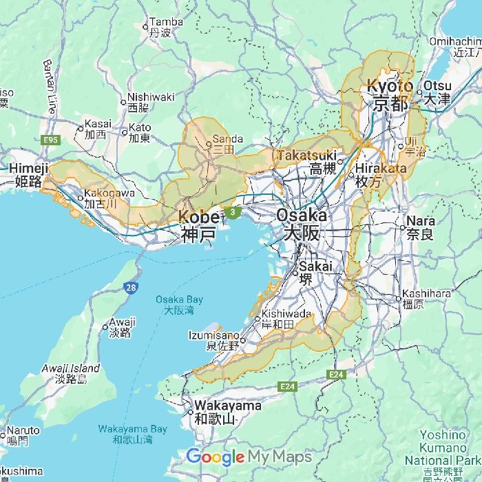 兵庫県を含む関西エリアのUber Eats(ウーバーイーツ)配達エリア地図