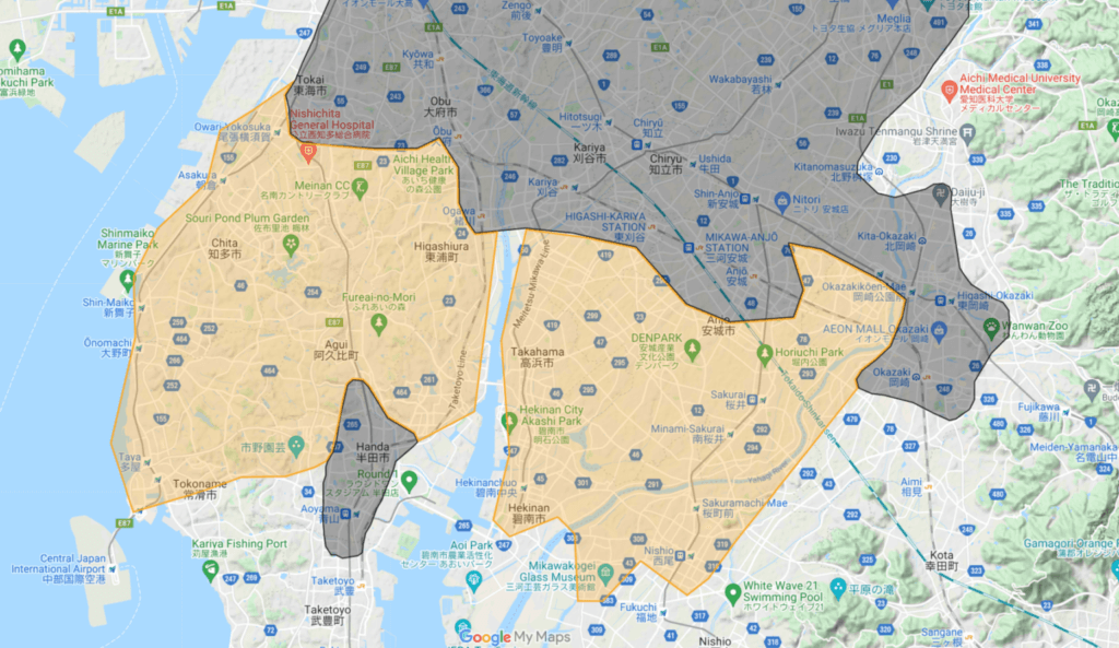 愛知県のUber Eats(ウーバーイーツ)エリア③知多市～岡崎市