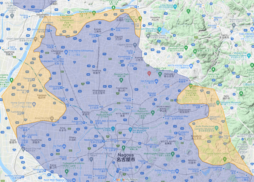 愛知県のUber Eats(ウーバーイーツ)エリア①一宮市～名古屋市