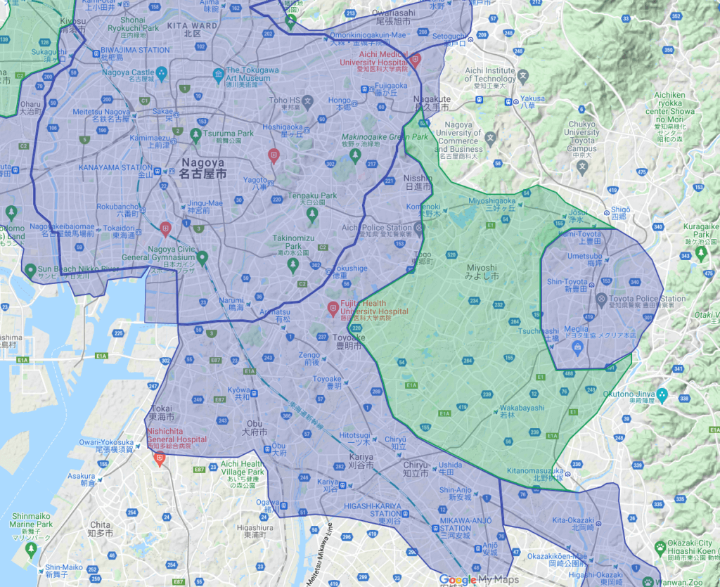 愛知県のUber Eats(ウーバーイーツ)エリア②名古屋市～豊田市