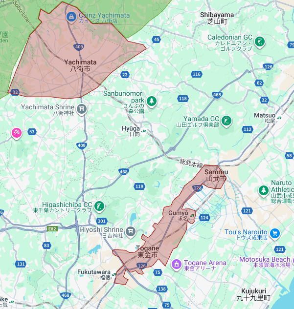 八街市・東金市・山武市のUber Eats(ウーバーイーツ)エリア