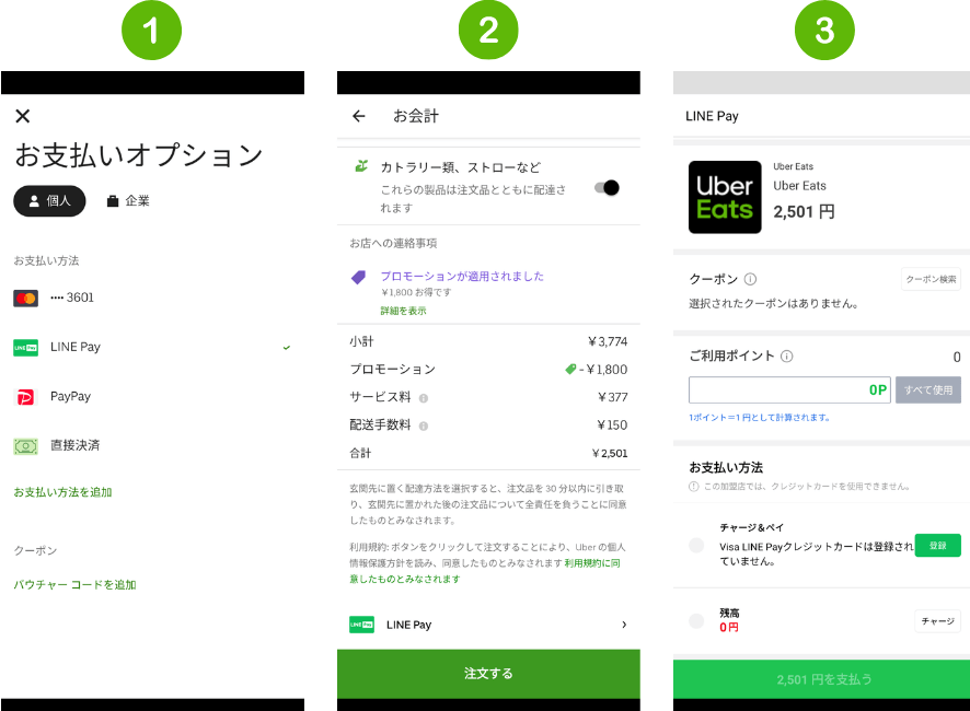 Uber Eats(ウーバーイーツ)のLINEpayの支払い手順