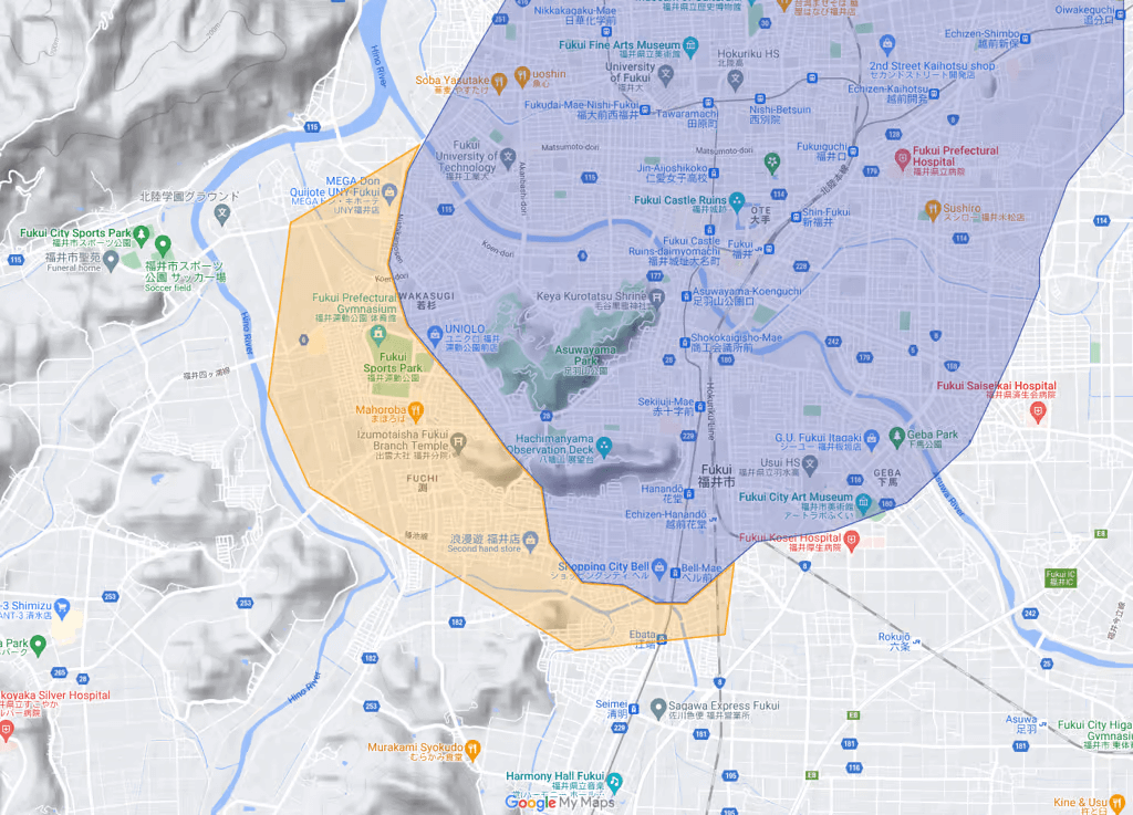 福井県福井市のUber Eats(ウーバーイーツ)配達エリア