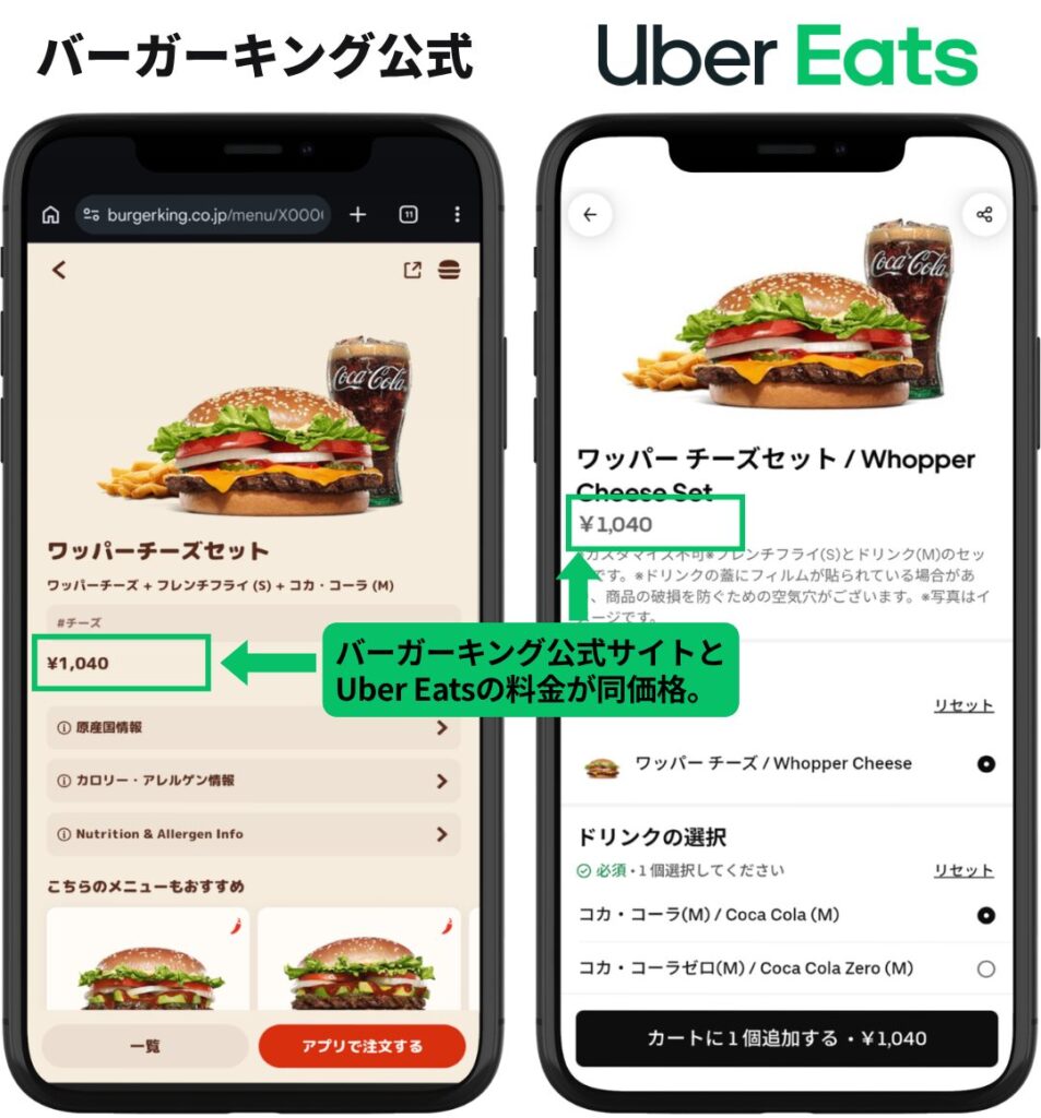 バーガーキング公式サイトとUber Eatsのワッパーチーズセット価格比較。どちらも1,040円で「お店と同じ価格」であることを確認。