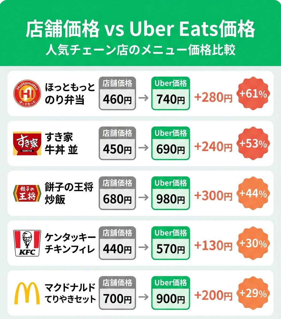Uber Eats（ウーバーイーツ）と店舗メニューの価格比較リスト。ほっともっと、すき家、マクドナルドなどの人気チェーン店における「店頭価格」と「デリバリー価格」の差額実例まとめ。