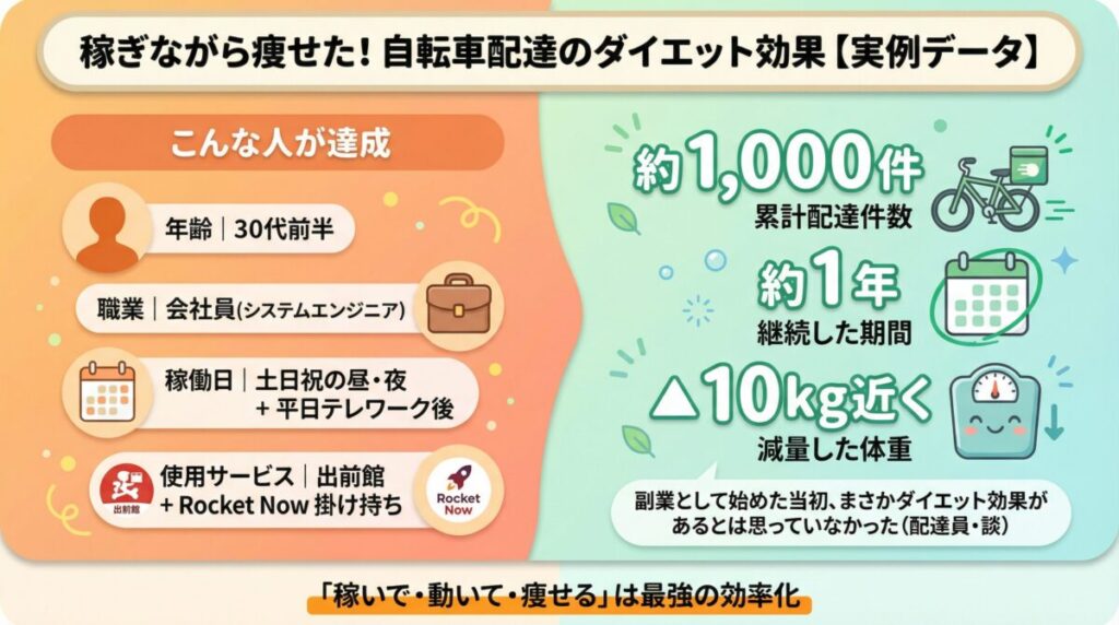 Uber Eats（ウーバーイーツ）の自転車配達で1年弱・累計1000件配達して10kg近く減量に成功した配達員の実例データ。