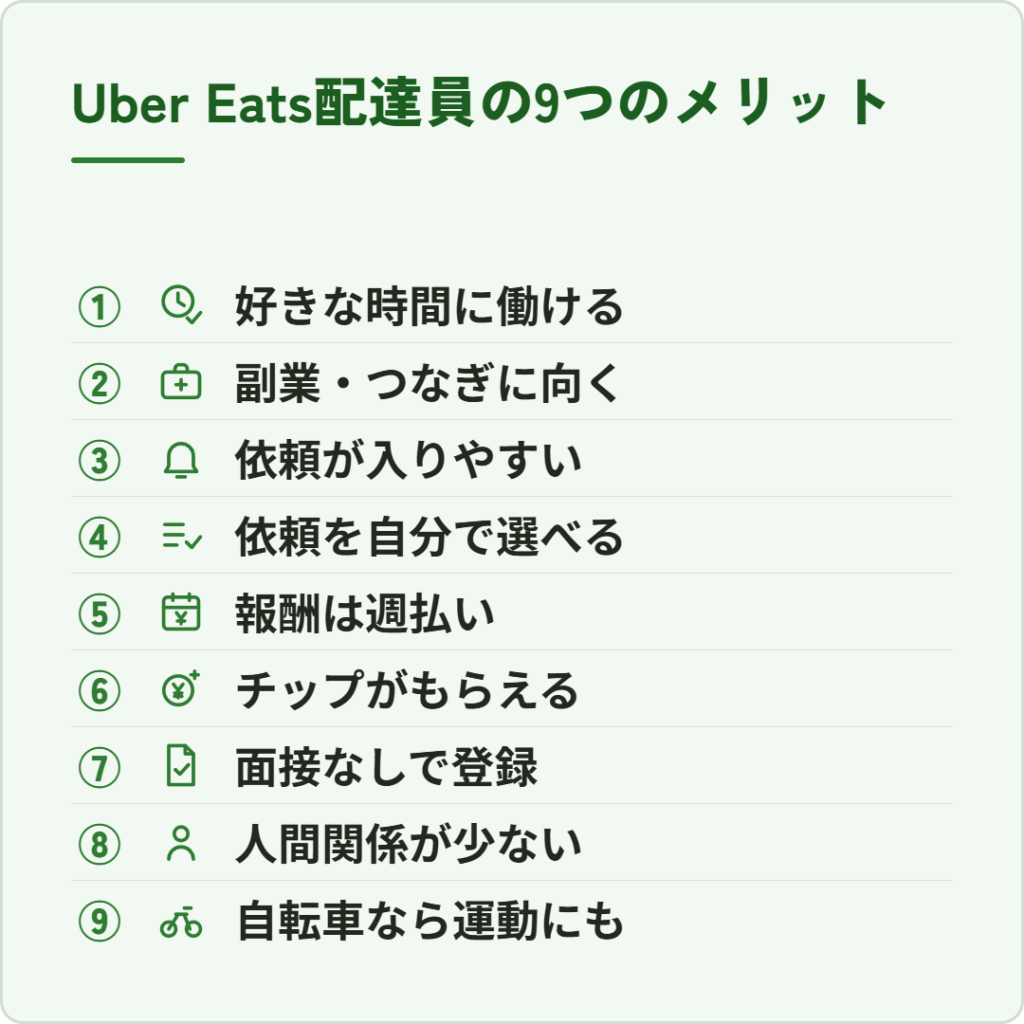 Uber Eats(ウーバーイーツ)配達員の9つのメリットを一覧にした図