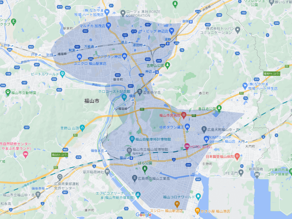 広島県福山市のUber Eats(ウーバーイーツ)エリア