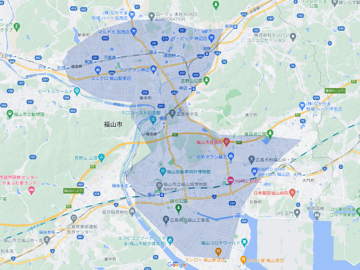 福山のUber Eats(ウーバーイーツ)のエリア