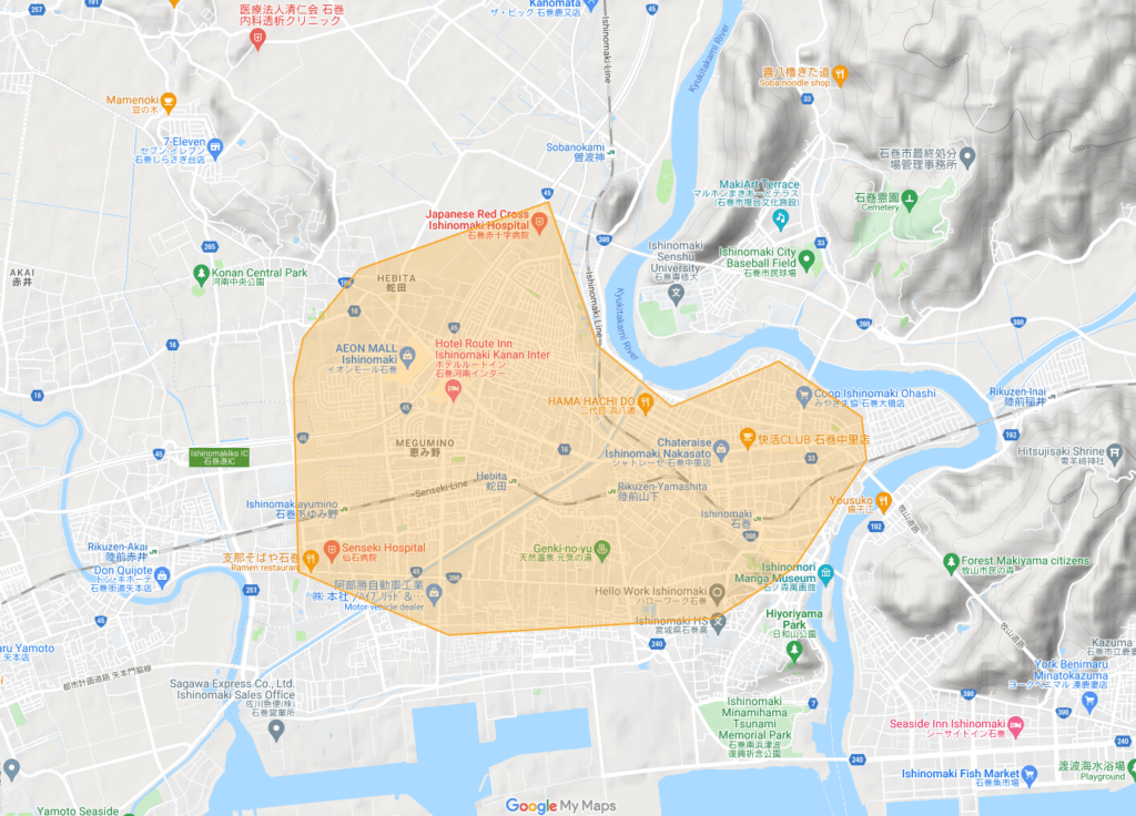 宮城県石巻市のUber Eats(ウーバーイーツ)エリア