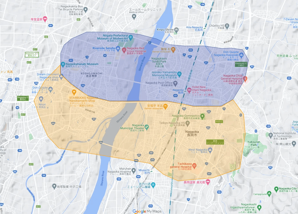 新潟県長岡市のUber Eats（ウーバーイーツ）エリア