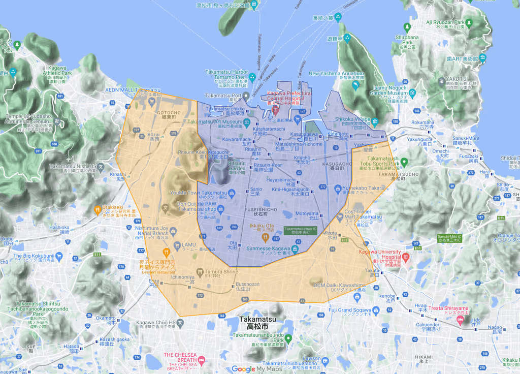 香川県高松市のUber Eats(ウーバーイーツ)配達エリア