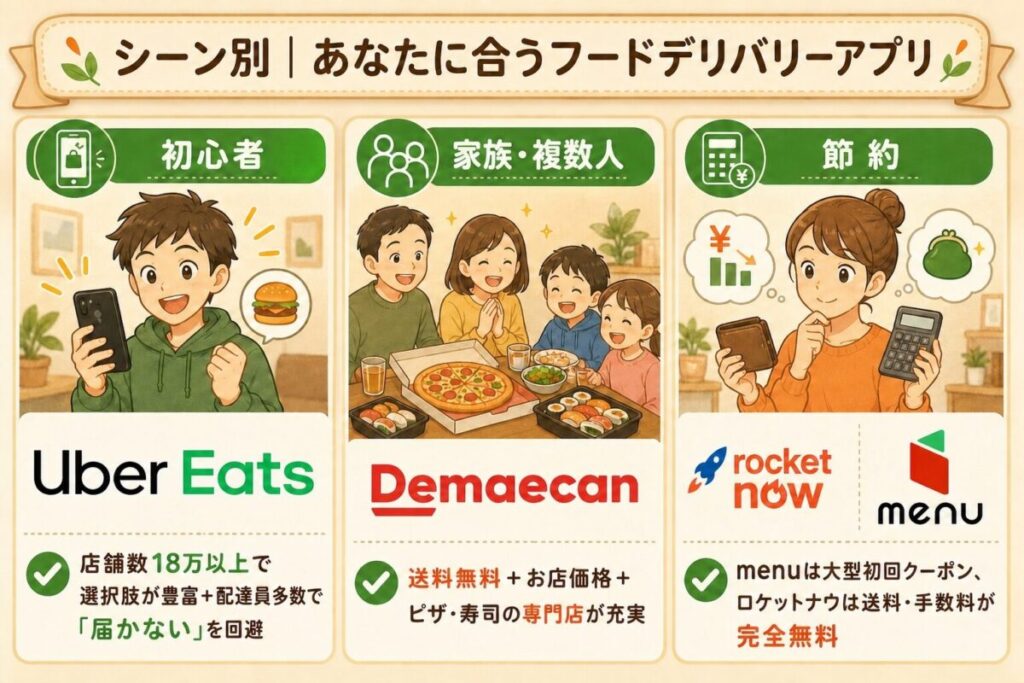 フードデリバリーアプリのシーン別おすすめ(初心者はUber Eats、家族は出前館、節約はmenu・ロケットナウ)