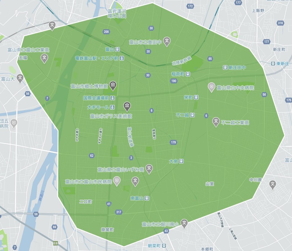 Uber Eats（ウーバーイーツ）富山県富山市のエリアMAP