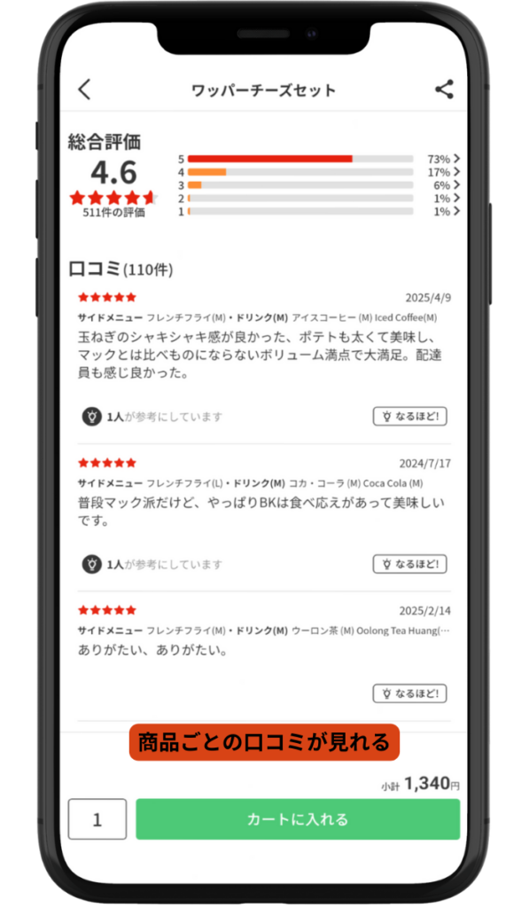 menu（メニュー）の商品別口コミ画面：注文前に料理ごとの星評価と詳細な感想を確認できる機能。