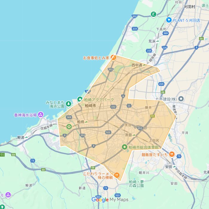 新潟県柏崎市のUber Eats(ウーバーイーツ)配達エリア