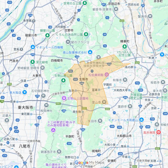 生駒市のUber Eats(ウーバーイーツ)配達エリア