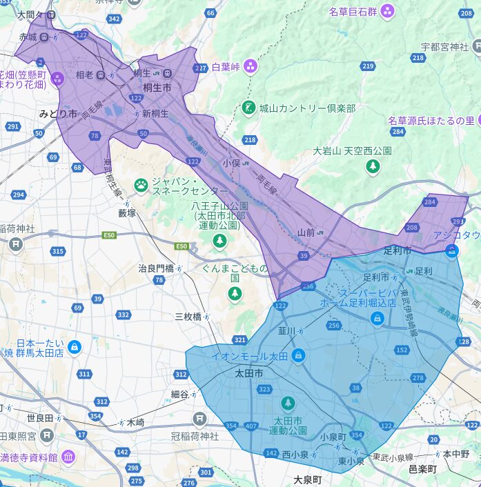 太田市・桐生市・みどり市のUber Eats(ウーバーイーツ)配達エリア