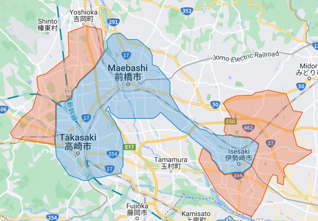 群馬県高崎市・前橋市・伊勢崎市のUber Eats(ウーバーイーツ)エリア