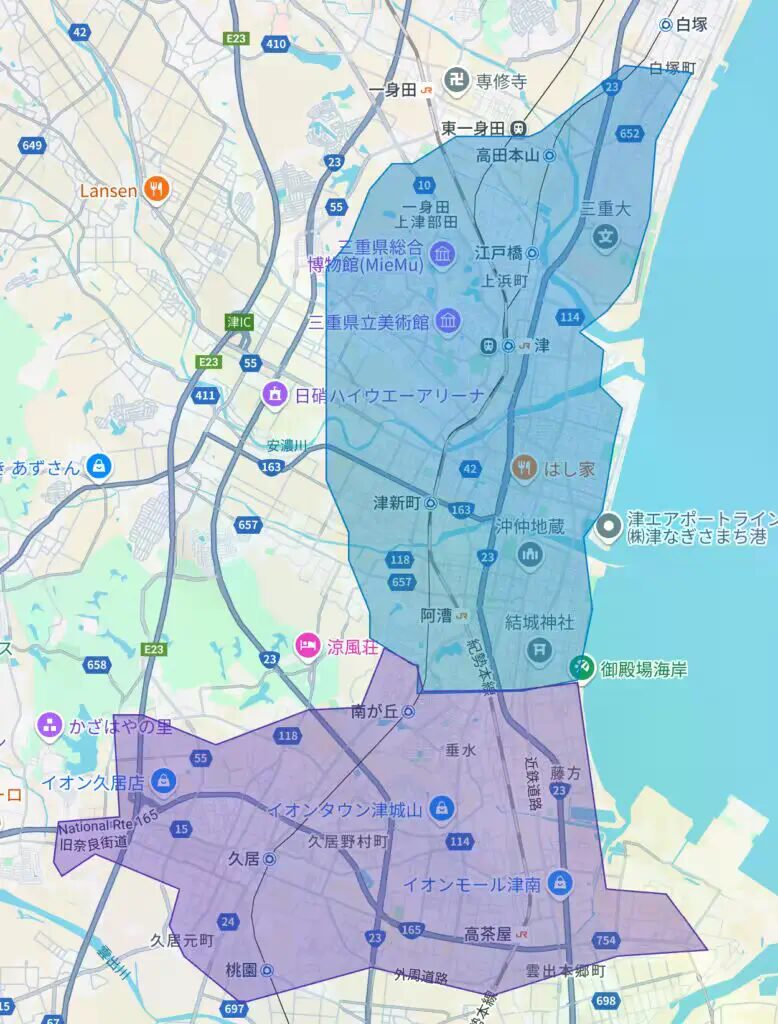 三重県津市のUber Eats（ウーバーイーツ）エリア