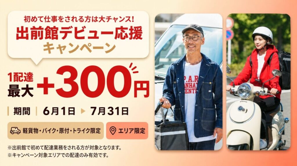 出前館の配達員登録で、配達1件あたりの報酬が最大300円増額されるキャンペーンの案内バナー。