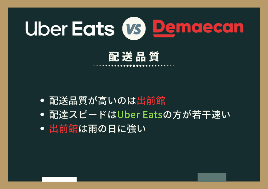 Uber Eats(ウーバーイーツ)と出前館の配送品質や配達の速さを比較