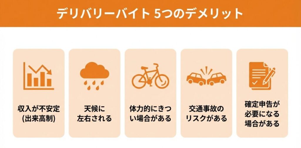 デリバリーバイトの5つのデメリット一覧。収入不安定・天候に左右される・体力負担・交通事故リスク・確定申告が必要な場合あり。