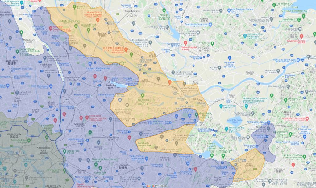 茨城県取手市、守谷市、つくばみらい市、常総市、坂東市、利根町周辺のUber Eats（ウーバーイーツ）エリア