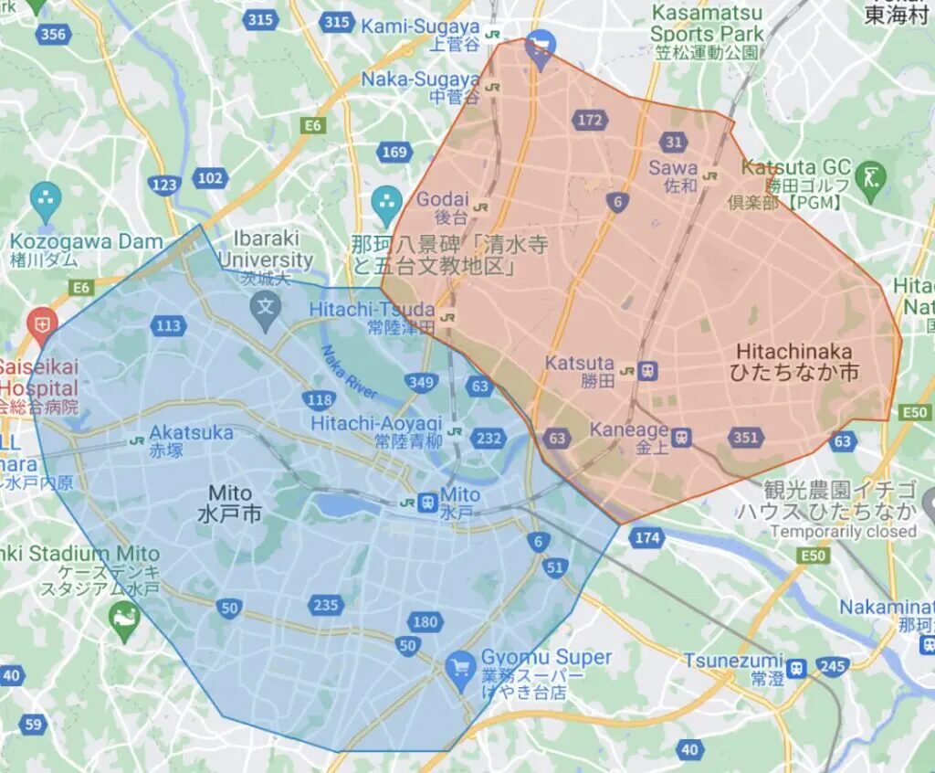水戸市・ひたちなか市・那珂市のUber Eats（ウーバーイーツ）配達エリア