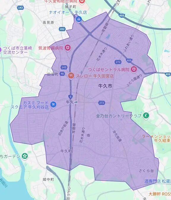 茨城県牛久市のUber Eats（ウーバーイーツ）配達エリア