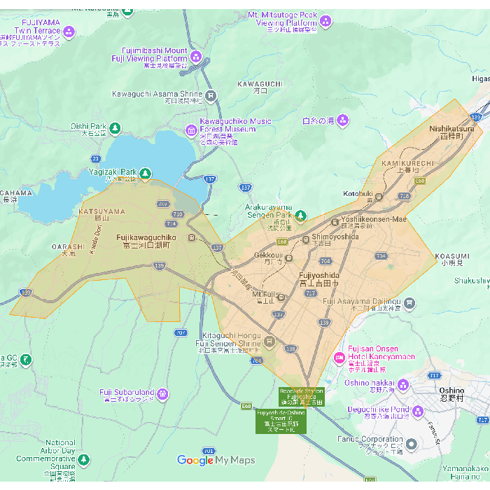 富士吉田市・富士河口湖町のUber Eats(ウーバーイーツ)配達エリア