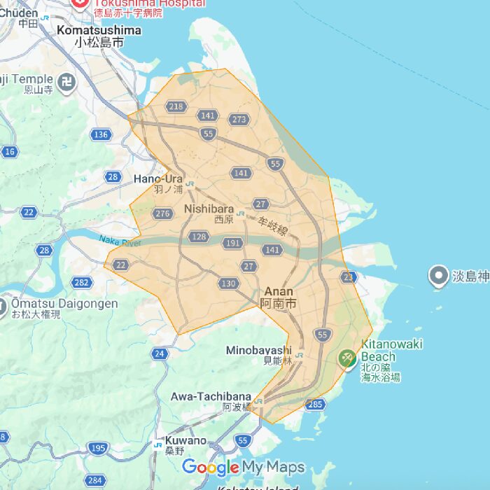 徳島県阿南市のUber Eats(ウーバーイーツ)配達エリア