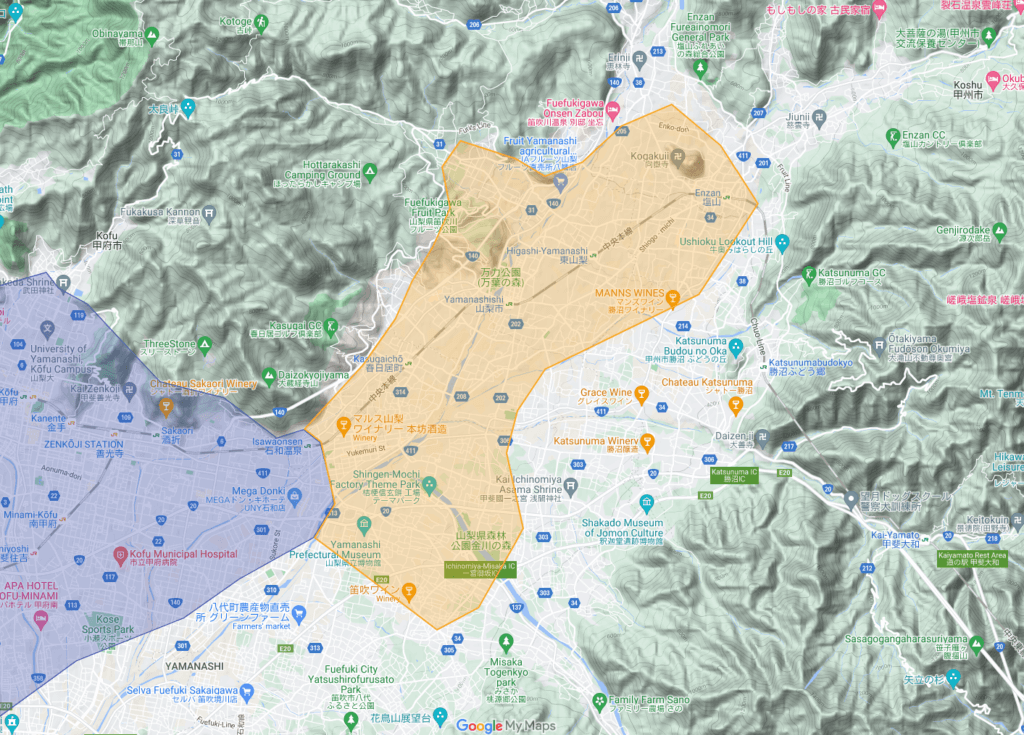 山梨県笛吹市、山梨市、甲州市のUber Eats（ウーバーイーツ）エリア