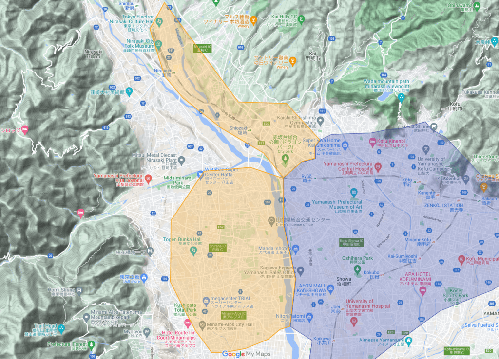 山梨県中央市、南アルプス市、甲斐市、韮崎市のUber Eats（ウーバーイーツ）配達エリア