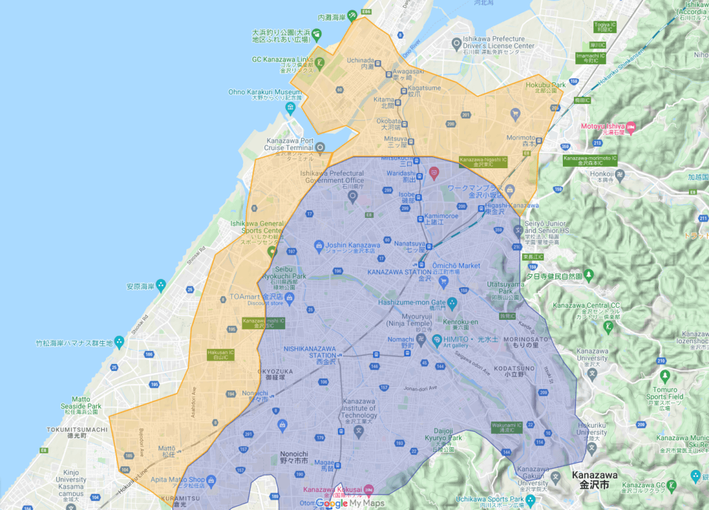 石川県金沢市のUber Eats（ウーバーイーツ）の配達エリア