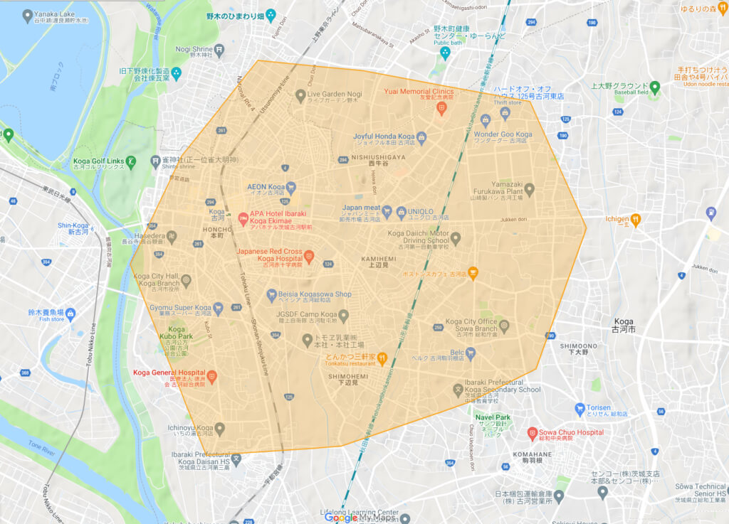 茨城県古河市のUber Eats（ウーバーイーツ）配達エリア