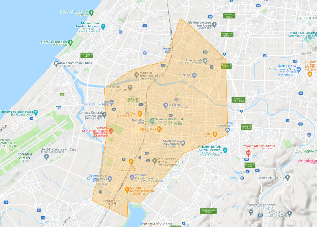 石川県小松市のUber Eats（ウーバーイーツ）の配達エリア