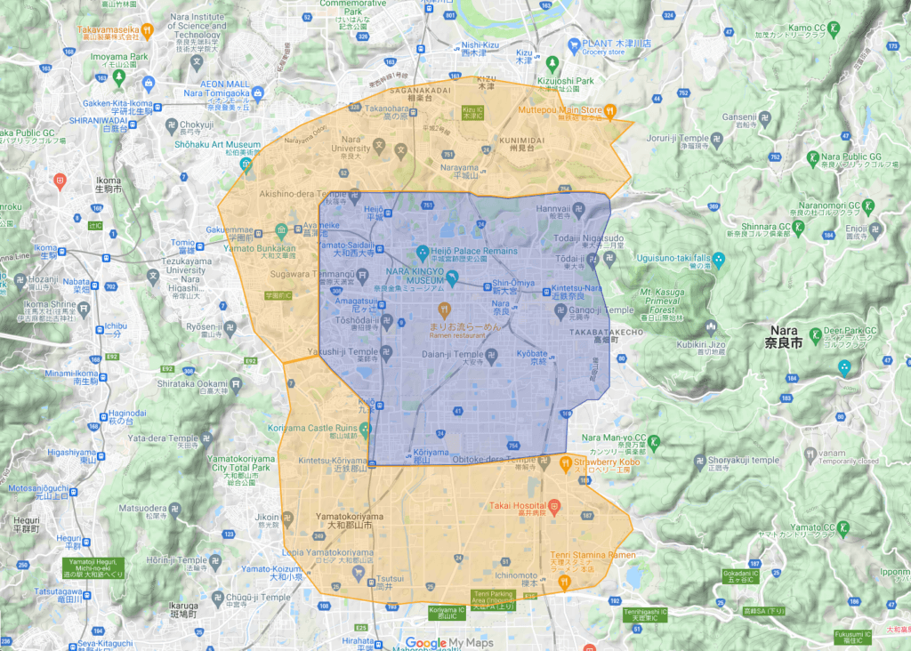 奈良市のUber Eats（ウーバーイーツ）のエリア
