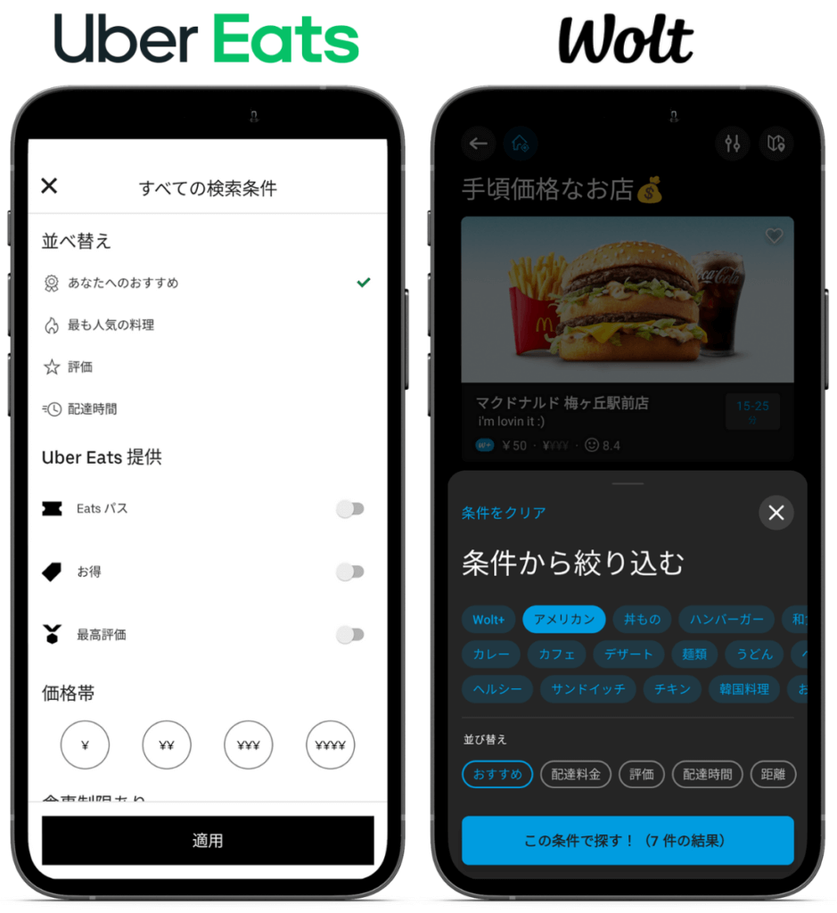 Uber Eats（ウーバーイーツ）とWolt（ウォルト）の並び替え検索を比較