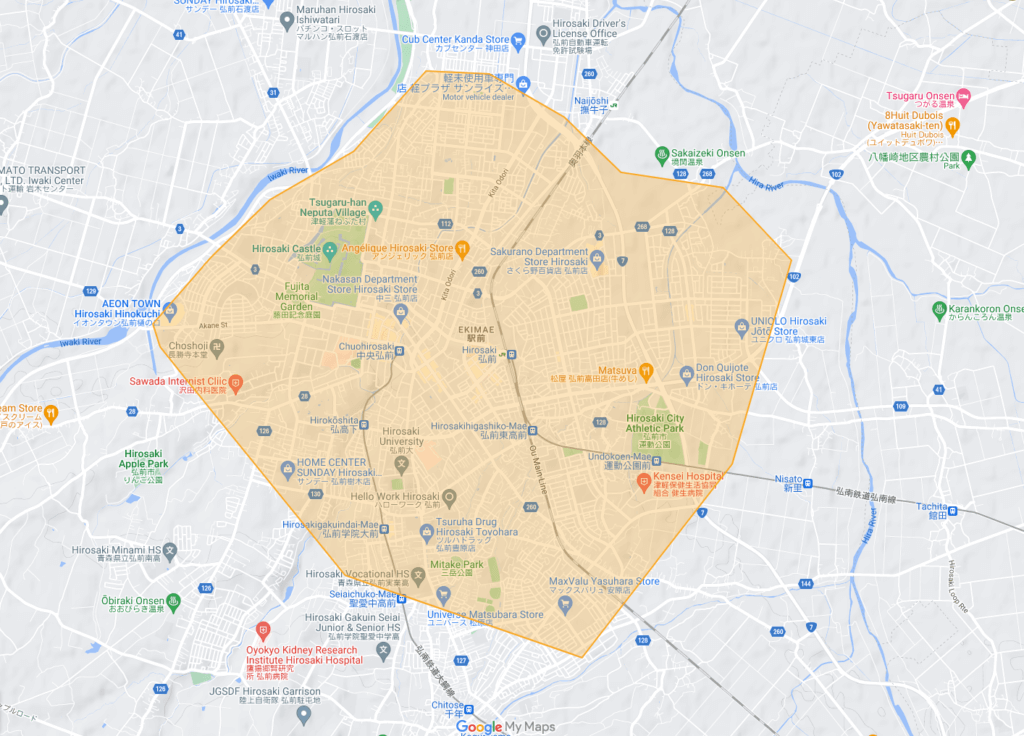 青森県弘前市のUber Eats(ウーバーイーツ)エリア