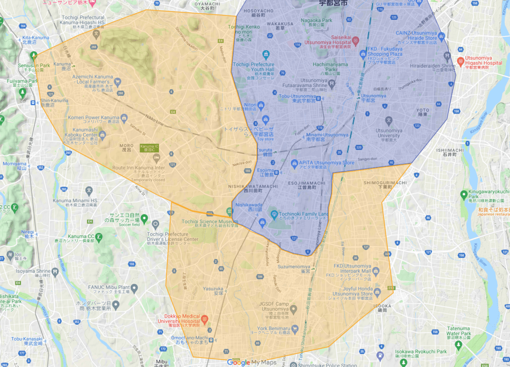 栃木県宇都宮市のUber Eats(ウーバーイーツ)の配達エリア